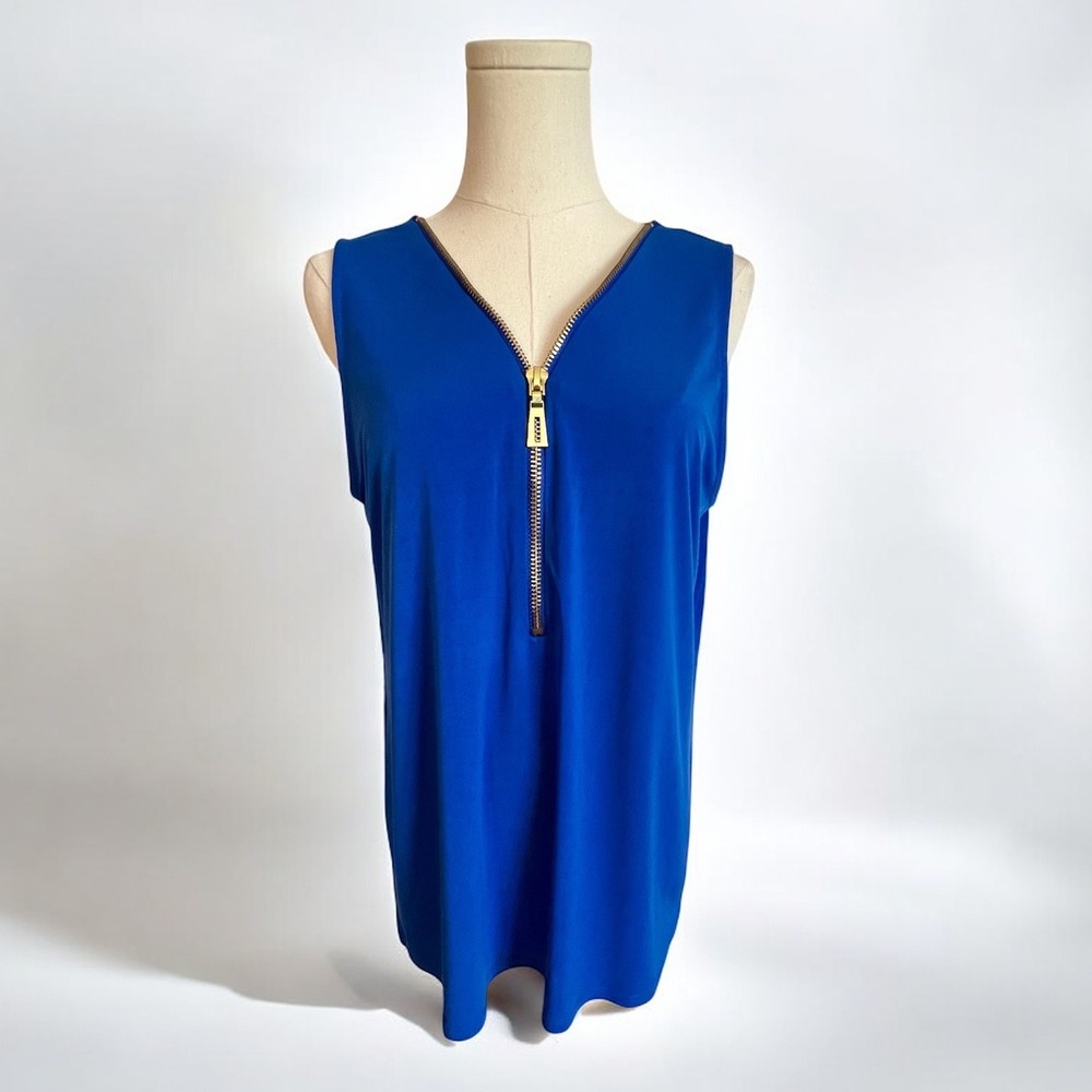 Carmen Marc Valvo Royal Blue Sleeveless Zip Front V-Neck Tunic Top Women's L NEW